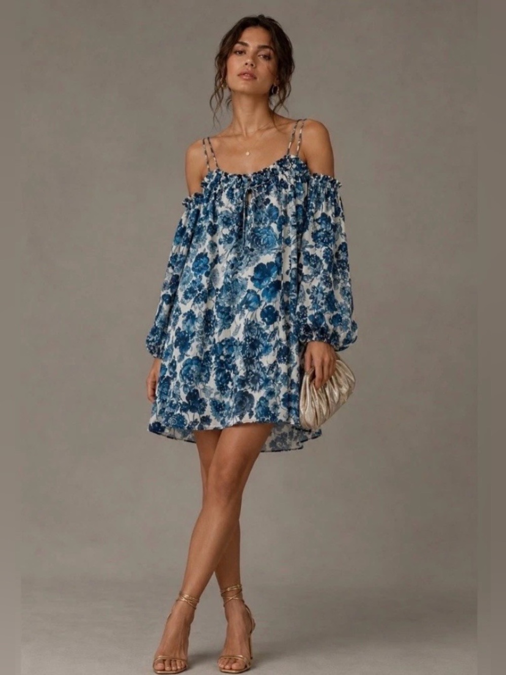 Anthropologie Bailey-44 Blue Floral Cold-Shoulder Mini Dress Romantic Bohemian